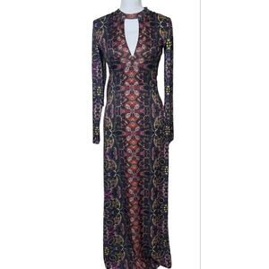 Free People Maxi Dress Printed Keyhole Long Sleeve Boho Bodycon Size S